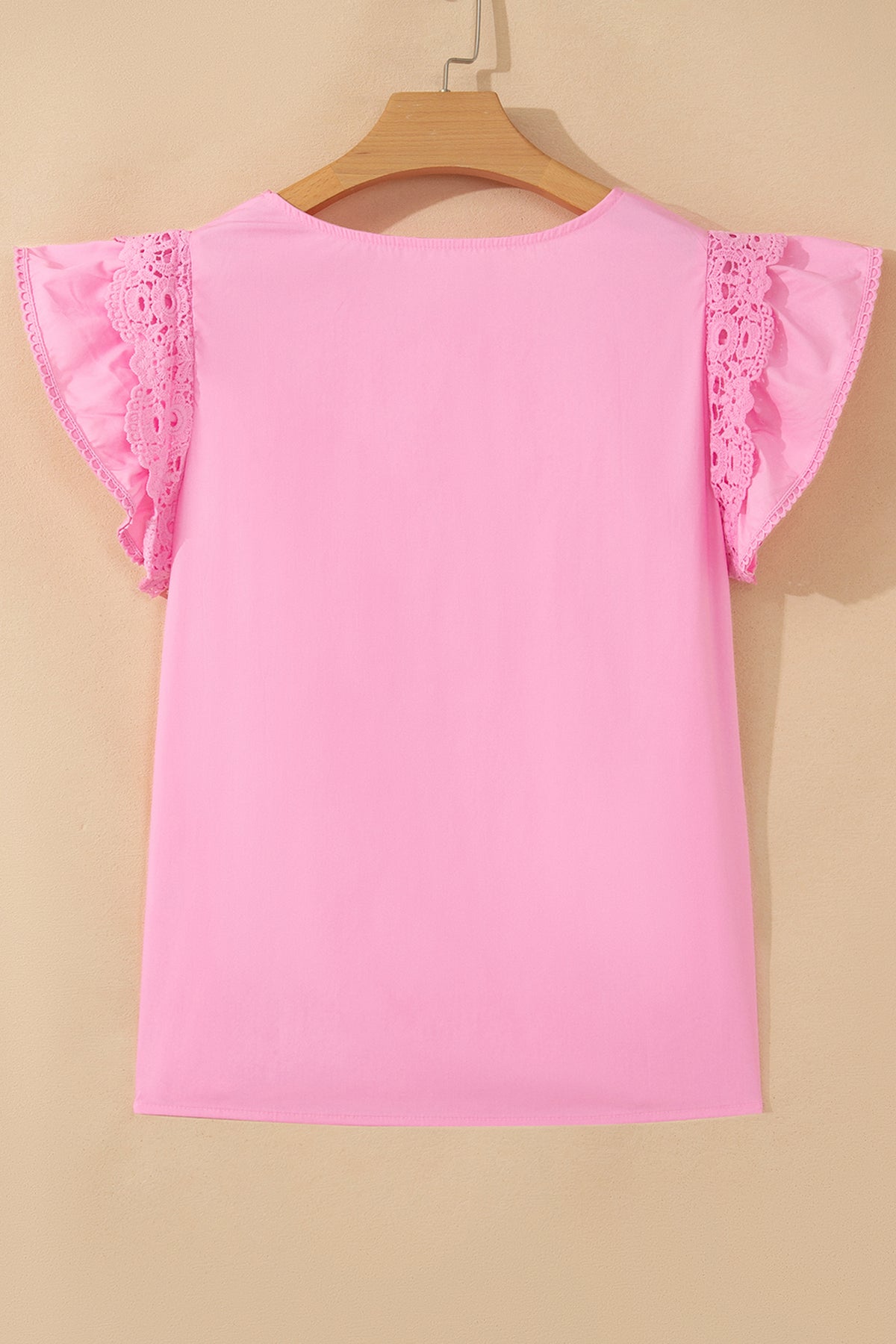 White Lace Detail Flutter Sleeve Pleated Round Neck Blouse