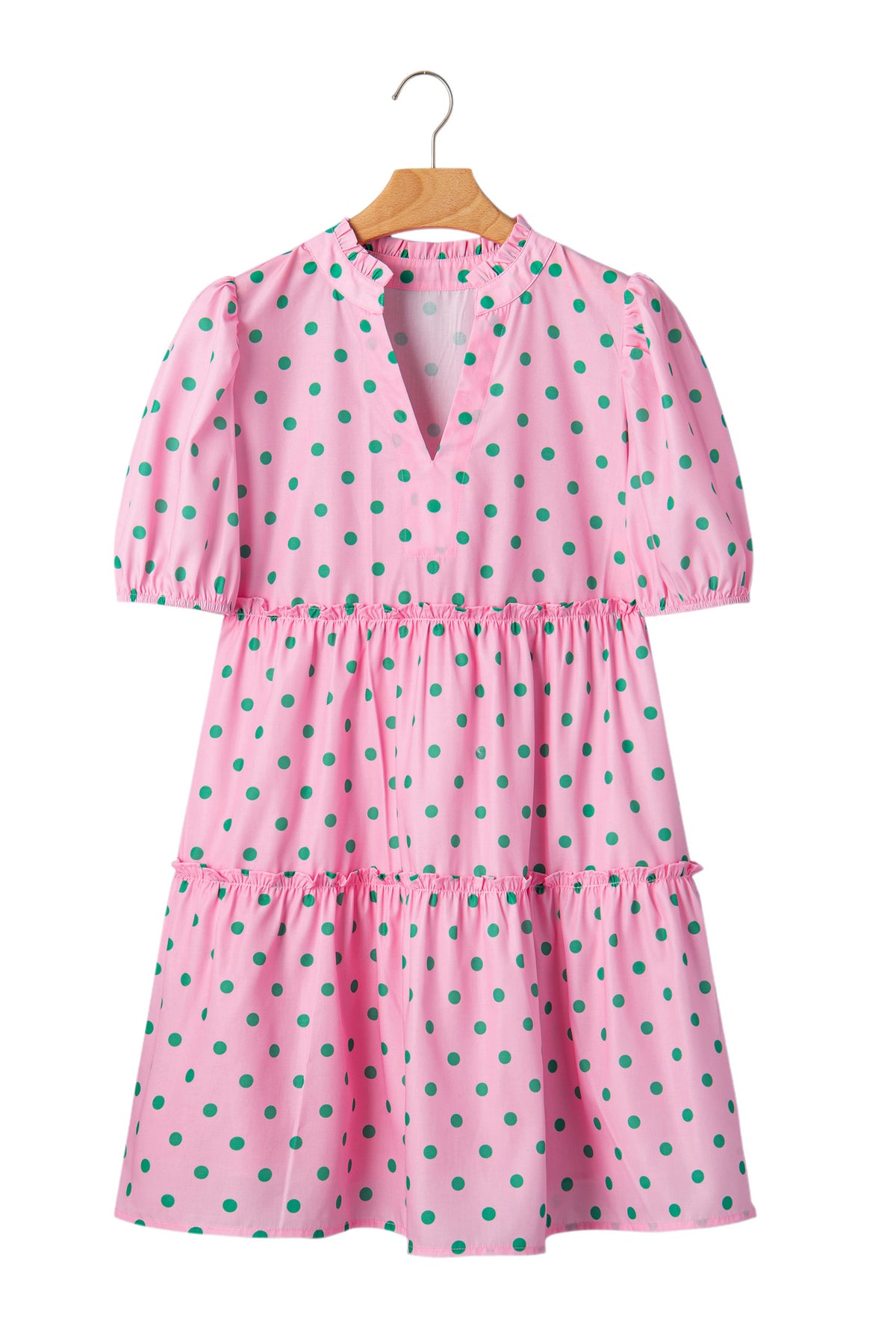 Pink Polka Dot Print V Neck Short Sleeve Tiered Mini Dress
