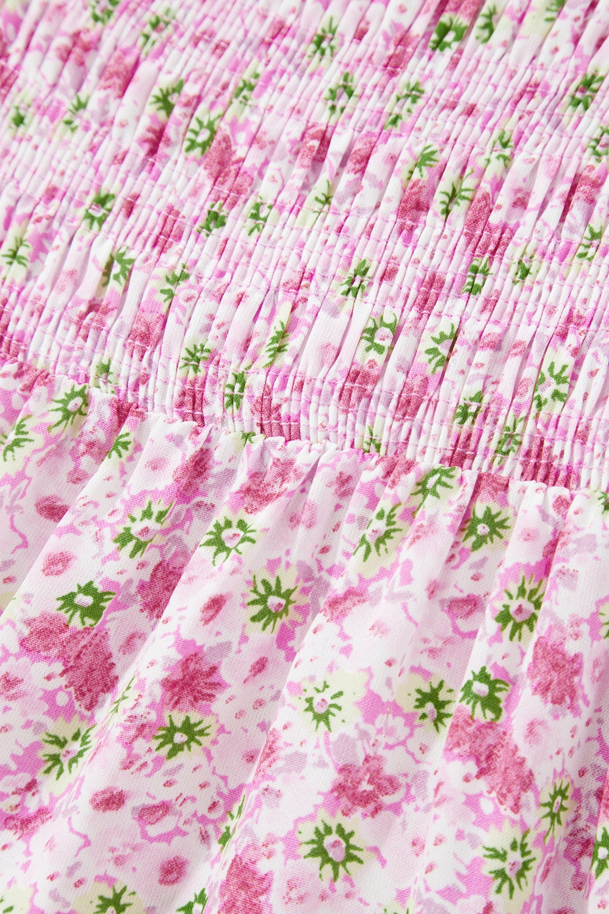 Pink Floral Short Bubble Sleeve Shirred High Waist Maxi Dress