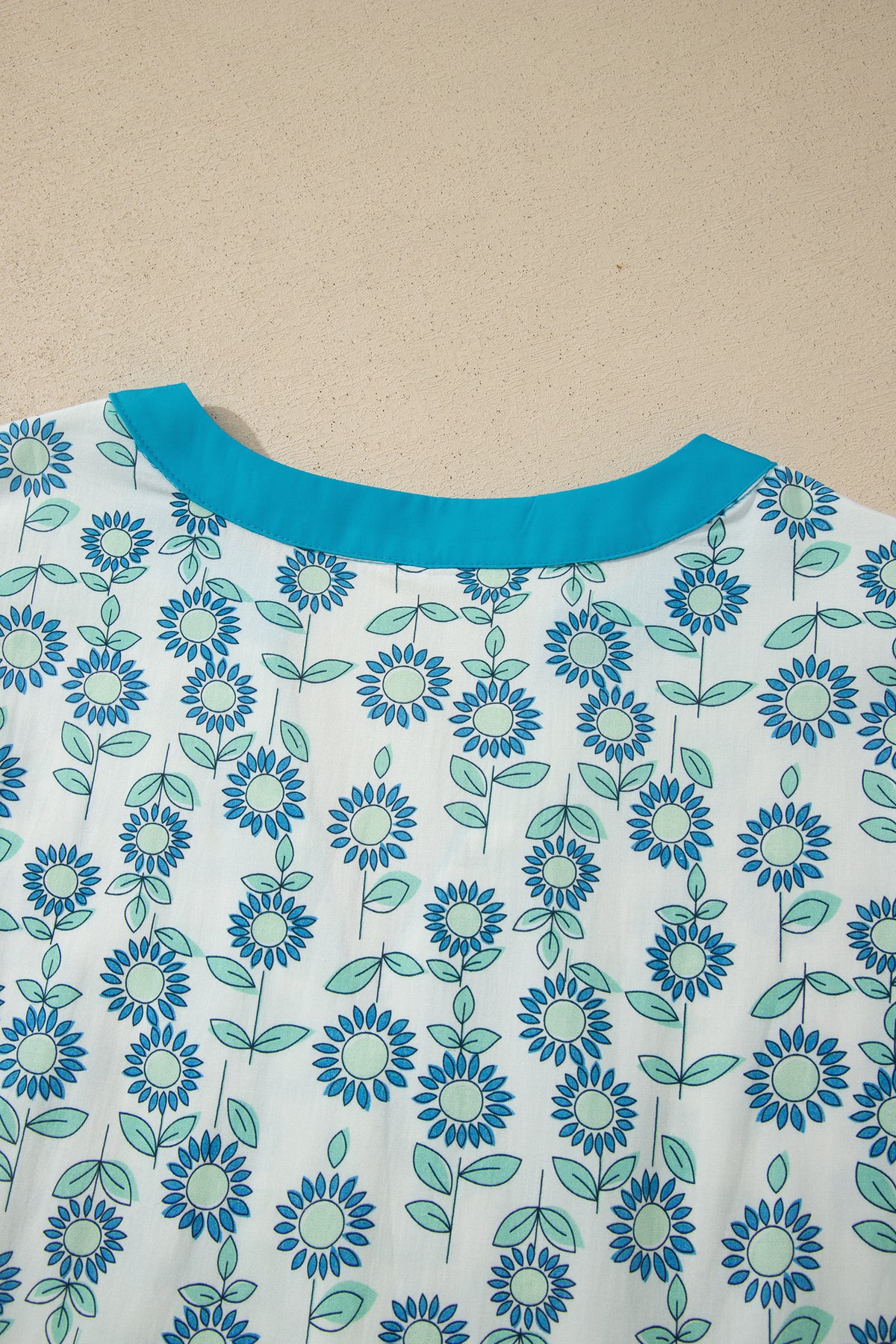 Green Sunflower Printed Contrast Trim V Neck Flutter Sleeve Blouse