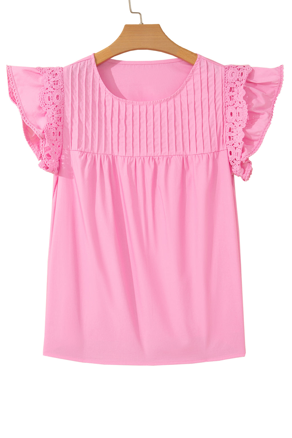 White Lace Detail Flutter Sleeve Pleated Round Neck Blouse