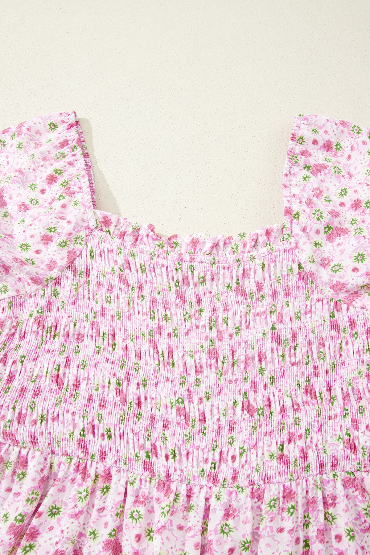 Pink Floral Short Bubble Sleeve Shirred High Waist Maxi Dress