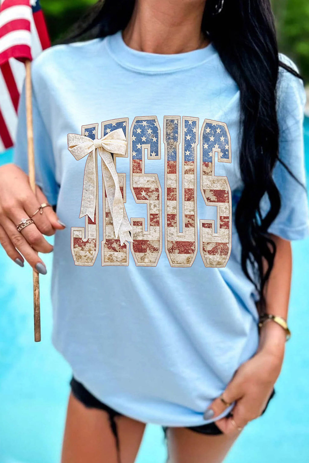 Light Blue Patriotic JESUS Letter Print Shift T Shirt