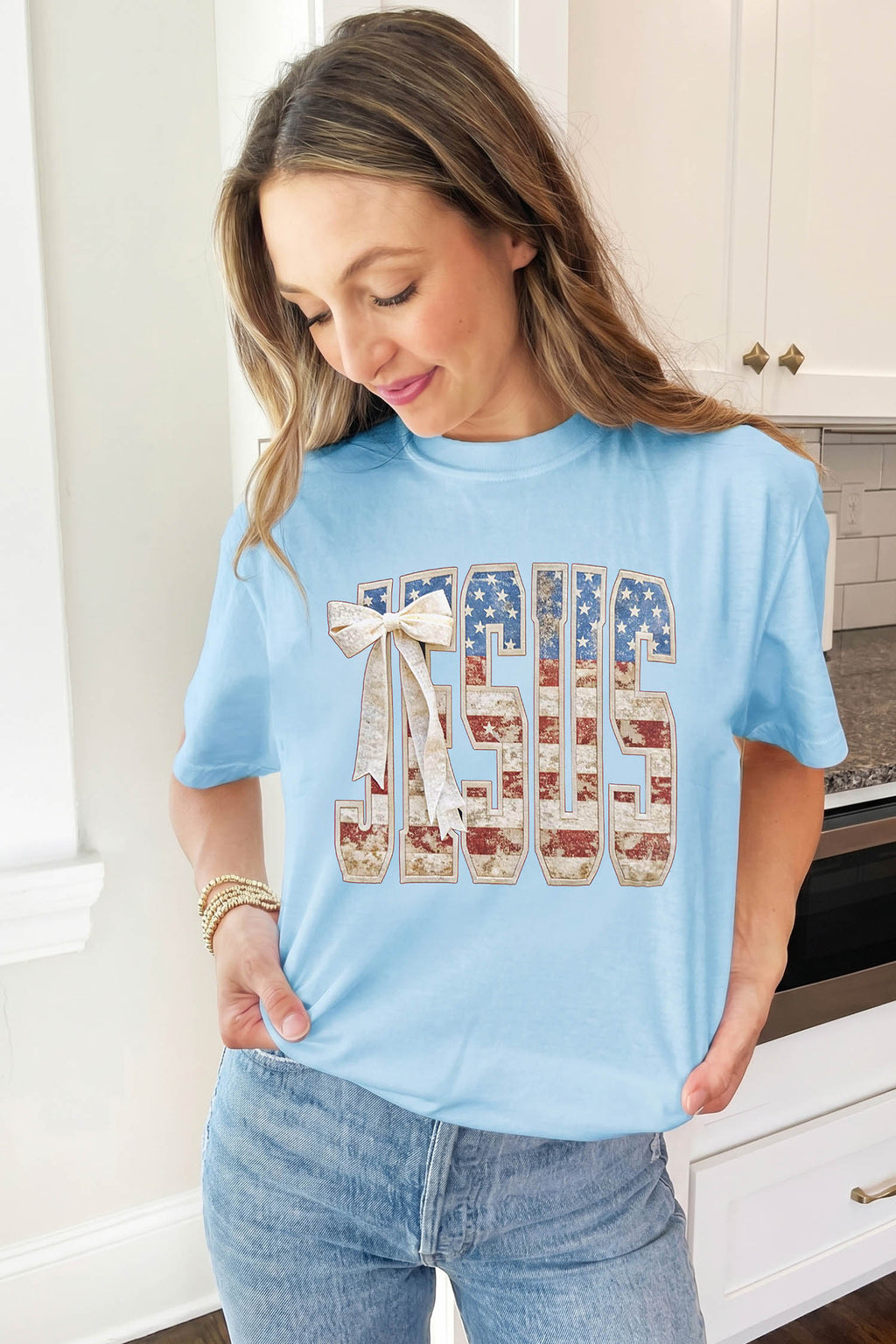 Light Blue Patriotic JESUS Letter Print Shift T Shirt