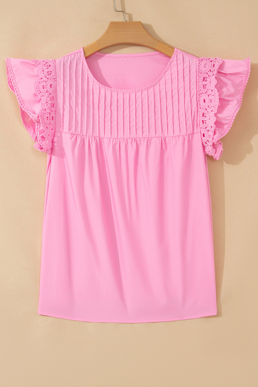White Lace Detail Flutter Sleeve Pleated Round Neck Blouse