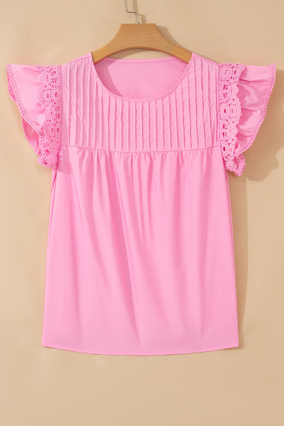 White Lace Detail Flutter Sleeve Pleated Round Neck Blouse